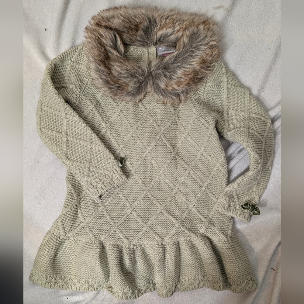 Tahari Baby Knit Sweater Dress Faux Fur Collar 24 Months